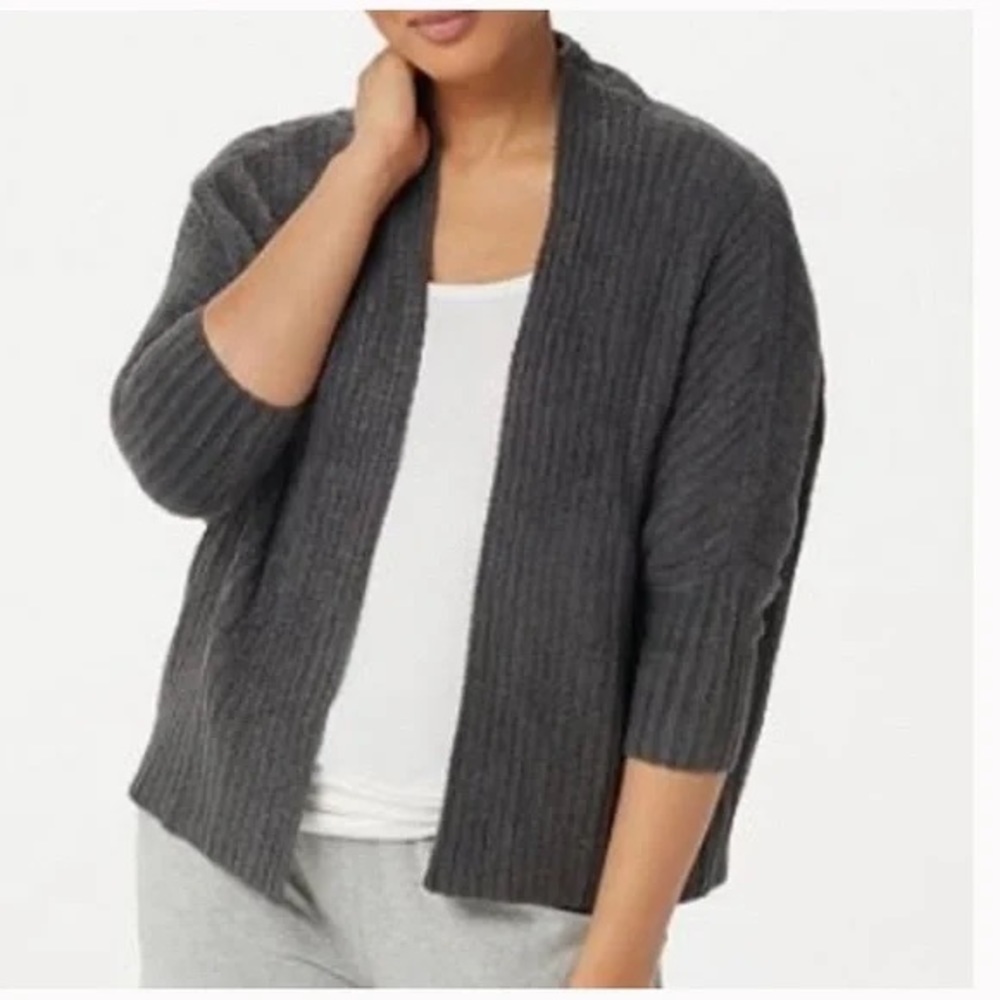 Barefoot Dreams Cozychic Lite Knit Ribbed Shrug Open Front Cardigan Brown S/M